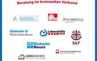 Grafik mit der Überschrift "Beratung im Kreisweiten Verband". Darunter sind Logos verschiedener sozialer Träger, unter anderem das Logo der Lebenshilfe Neuss.
