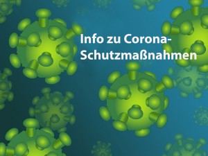 3-D-Grafik von grünen Viren vor blauem Hintergrund. Darauf steht geschrieben: Info zu Corona-Schutzmaßnahmen.