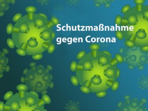 3-D-Grafik von grünen Viren vor blauem Hintergrund. Darauf steht geschrieben: Schutzmaßnahmen gegen Corona.