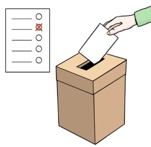 Zeichnung einer Hand, die einen Wahlzettel in eine Wahlurne steckt.