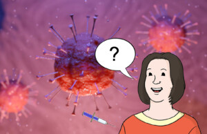 Modell zweier roter Viren vor rosa Hintergrund. Davor Zeichnung einer Frau mit einer Sprechblase und einem Fragezeichen darin. Neben der Frau ist eine Spritze.