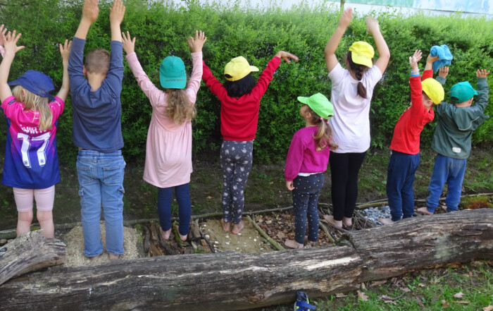 Kinder stehen in einer Reihe auf dem Barfuß-Pfad und strecken die Hände nach oben.