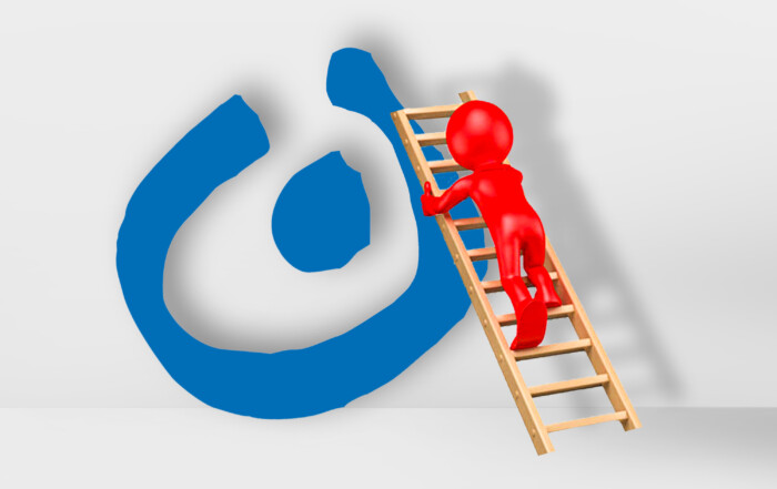 Eine Grafik in dem eine rote Figur auf einer Leiter das Lebenshilfe Logo hochsteigt.