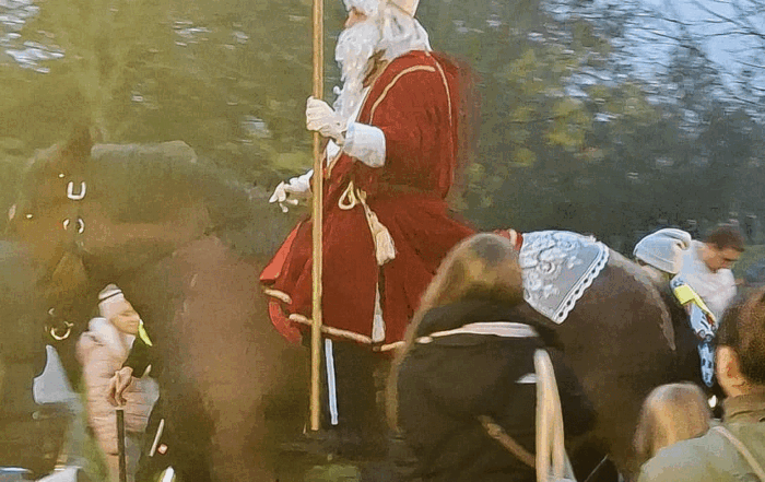 Mehrere Personen stehen um den St. Martin der auf seinem Pferd sitzt.