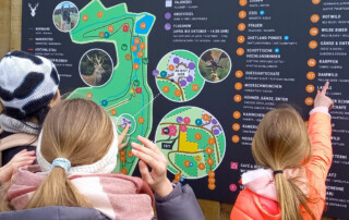Kinder schauen sich den Plan des Wildparks an.