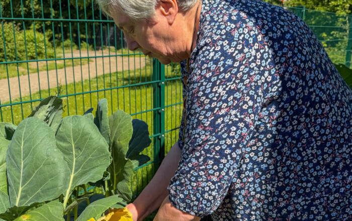 Eine Bewohnerin kümmert sich um das Hochbeet