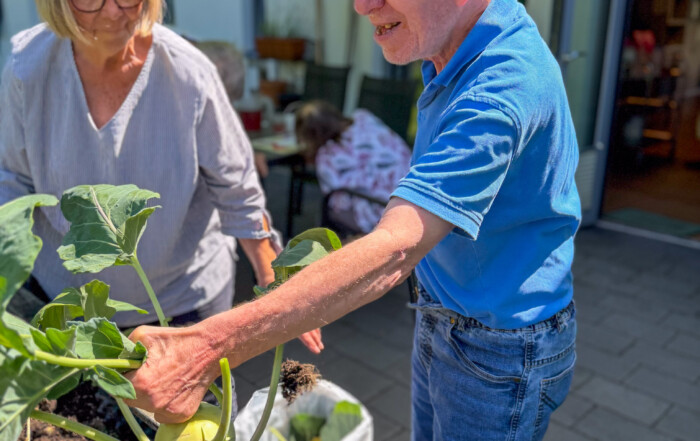 Ein Bewohner hält Kohlrabi in der Hand