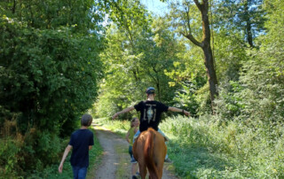 Ein Jungesitzt auf dem Pferd.